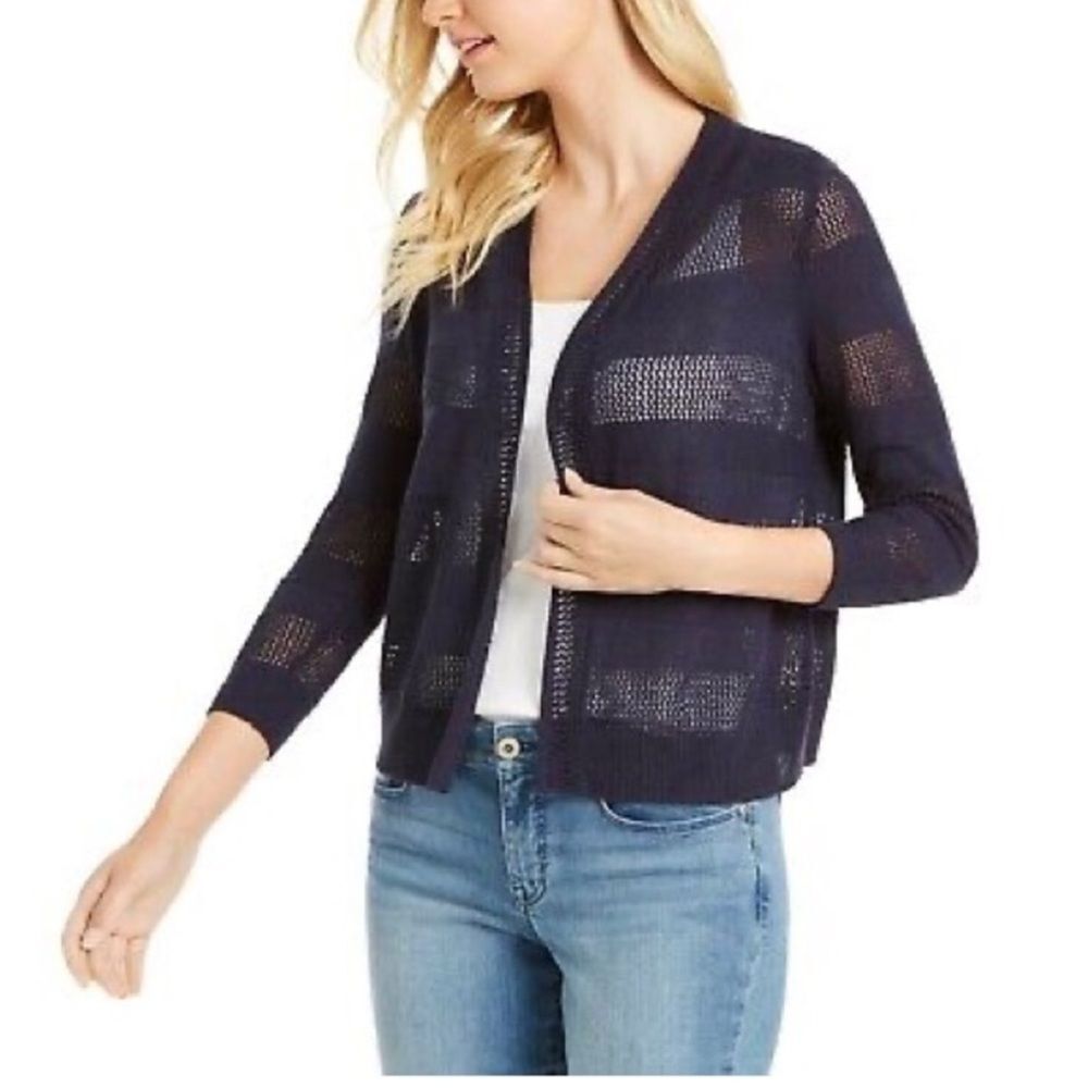 Charter Club Open Front Pointelle Striped 3/4 Sleeve Cardigan Navy Size XS